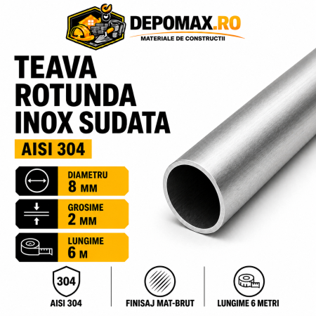 Teava rotunda inox sudata AISI 304, 8 x 2 mm, 6 metri